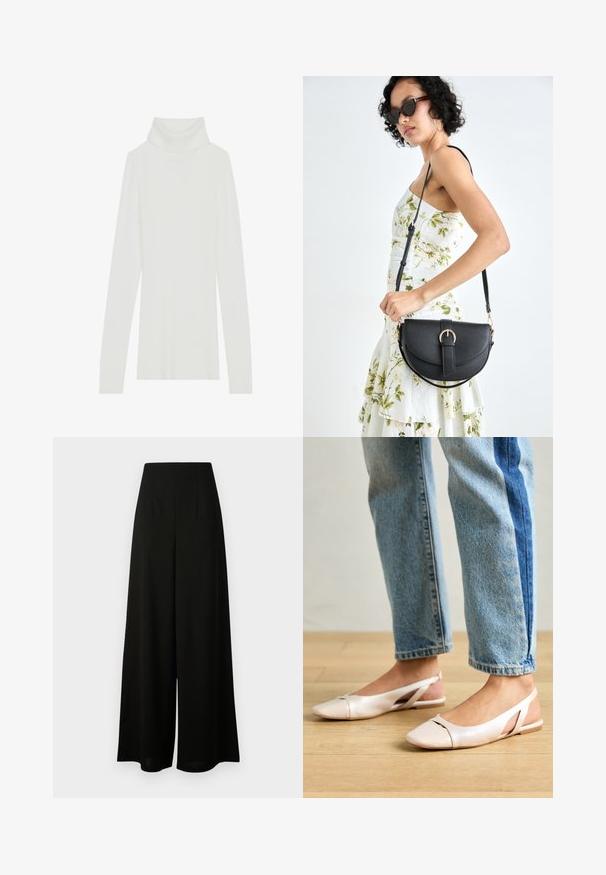 Suéter branco de gola alta com nervuras, mangas longas, textura suave e um design ajustado, sem fechos visíveis.; Vero Moda Tall VMLIVA SUPER WIDE PANTS - Calças - black; Sapatilhas slingback de cor rosa pálido com bico fino, feitas de um material semelhante a couro liso. Apresentam detalhes recortados nas laterais e um salto plano.; Bolsa de couro preta com forma curva, alça destacável e detalhes em dourado. A bolsa possui uma aba com detalhe de fivela.