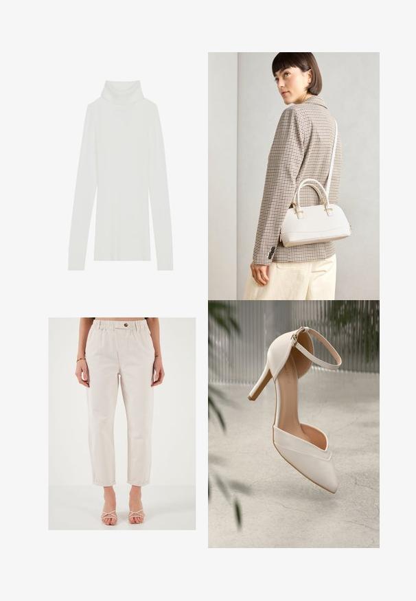 Witte geribde turtleneck trui met lange mouwen, zachte textuur en een hoge rolkraag, met een aansluitend ontwerp en geen zichtbare sluitingen.; Lichtbeige broeken met een elastische tailleband, voorzien van een knoop aan de voorkant, taps toelopende benen en opgerolde manchetten. Gemaakt van een gladde, gestructureerde stof.; Witte high heel schoen van soepel materiaal met een puntige neus en enkelbandje. Heeft een lichtbruine binnenkant en goudkleurige hardware accent.; Witte gestructureerde handtas met korte handvatten en een schouderband, voorzien van gouden hardwareaccenten en een textuurmateriaal, tentoongesteld tegen een grijze achtergrond.; Goudkleurige, hartvormige oorbellen met een gestructureerde afwerking, voorzien van een hangende parelaccent. Inclusief bijpassende hartvormige studs.