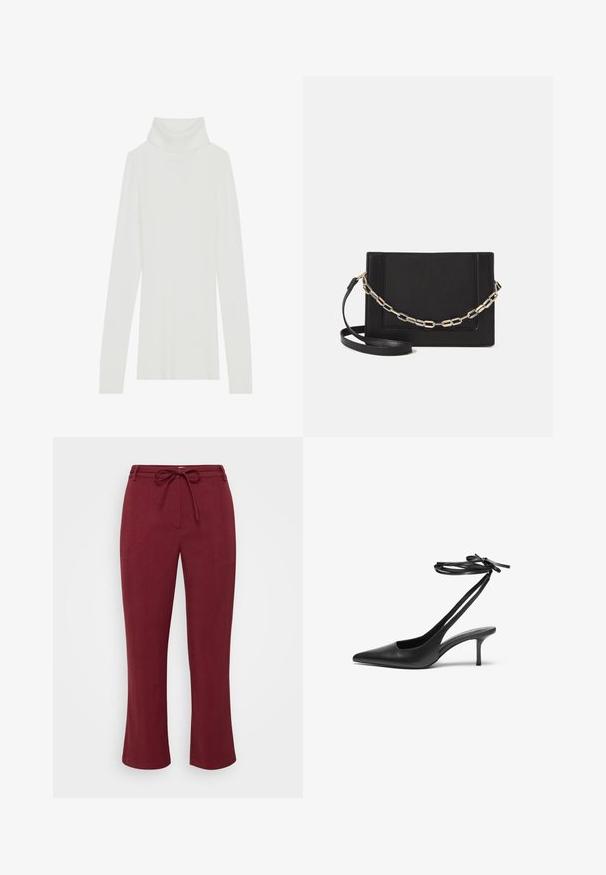 Valge ribaga kõrge kaelusega kampsun pikkade varrukatega, pehme tekstuuriga ja liibuva kujundusega, ilma nähtavate kinnitusteta.; Burgundia värvi püksid, mis on valmistatud tekstureeritud kangast, millel on kummist paelaga vöökoht ja sirge lõige. Ilma taskuteta või nähtavate metallosadeta.; Must musta stiletto kingad terava ninaga, avatud seljaosa ja pahkluu rihmadega, mis on seotud kaareks. Kitsa 3-tollise kontsaga. Sile tekstuur, minimalistlik disain.; Mustast nahast õlakott, mis omab siledat tekstuuri, ristküliku kuju ning esiküljel metallketi detaili. Reguleeritav rihm on kaasas.
