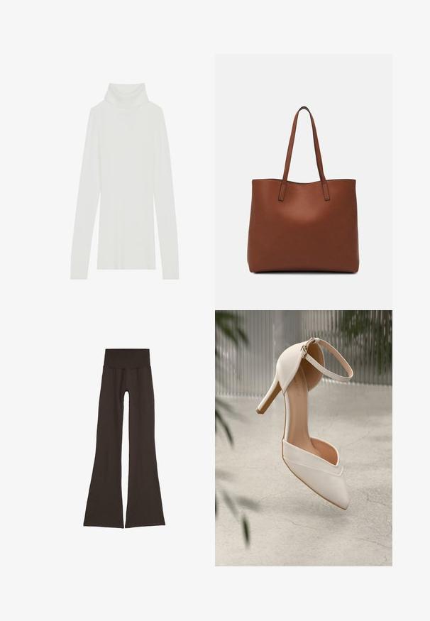 Pull à col roulé blanc côtelé avec des manches longues, texture douce, et un col roulé haut, doté d'une coupe ajustée et sans fermetures visibles.; Jambières évasées marron foncé avec une large ceinture côtelée. Fabriquées en matériau doux et extensible, elles présentent un design sans coutures et sans matériel visible.; Chaussure à talons hauts blanche en matériau lisse, avec un bout pointu et une sangle autour de la cheville. Présente un intérieur beige clair et des accents en matériel doré.; Sac fourre-tout en cuir marron avec une texture lisse, design à ouverture supérieure et deux poignées pour le porter à l'épaule. Présente des coutures minimales et aucun matériel visible.