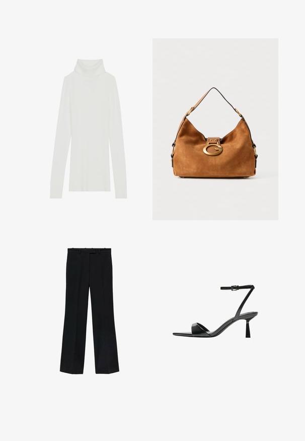 White ribbed turtleneck sweater with long sleeves, soft texture, and a high roll collar, featuring a fitted design and no visible fastenings.; Black trousers with a straight-leg design, made of smooth fabric. Features a waistband with belt loops and no visible markings or embellishments.; Bershka High heeled sandals - black; Brown suede handbag with a rounded shape, a gold-tone hardware clasp, and a contrasting black trim. Features a single shoulder strap for carrying.