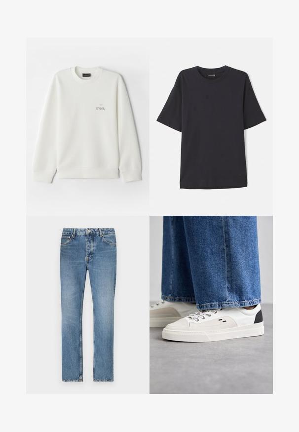 Hvit hettegenser laget av myk stoff. Har rund hals og lange ermer. En liten grå brodert logo er plassert på brystet.; Marineblå ribbet kortermet t-skjorte med rund hals, med en subtil logo nederst til høyre. Myk tekstur, avslappet passform.; Lys blå denimjeans med rett ben, fem lommer og glidelås. Distinkte falminger og sømdetaljer.; Hvite og svarte joggesko med en glatt læroverdel, teksturerte detaljer og en kraftig hvit såle. Har en klassisk snøring.