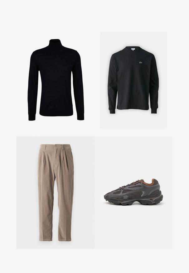 Musta poolneule sileasta neulekankaasta. Ominaisuuksiin kuuluu pitkät hihat, istuva kaula-aukko sekä ribbaatut hihansuut ja helma, jotka takaavat tiiviin istuvuuden.; Musta pitkähiha t-paita, joka on valmistettu puuvillasta. Paita on varustettu pyöreällä kaula-aukolla ja vasemmassa rinnassa on pieni vihreä brodeerattu krokotiililogo.; Vaaleanbeige samettihousut, joissa on rento leikkaus, tyylikkäät laskokset, nappikiinnitys ja sivutaskut, teksturoitu pinta sekä kapeneva lahje.; Lacoste-tennar i mörkgrått med nät- och syntetmaterial, med en texturerad sula och bruna accenter på kragen och märket.