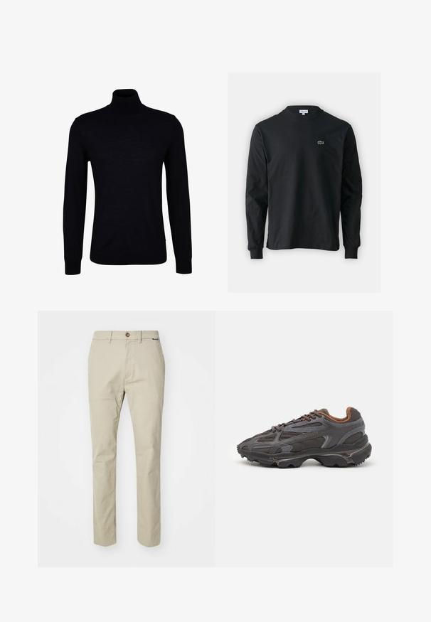 Must mustarümpik sujuvas kudumis. Omab pikki varrukaid, sobivalt kaelust ning soonikuga mansette ja alläärde, et sobituda keha järgi.; Must musta särk pikad varrukad, valmistatud puuvillast, ümar kaelus ja vasakul rinnal väike rohelise värvi tikandiga krokodillilogoga.; Beezid puuvillased püksid sirge lõikega, nuppudega sulgemine ja eesmad taskud, sile tekstuur ning minimaalsed disainidetailid.; Tumed hallid Lacoste tossud, mis on valmistatud võrkkangast ja sünteetilisest materjalist, omavad tekstureeritud talla ning pruune aktsente kaeluse ja brändingu juures.