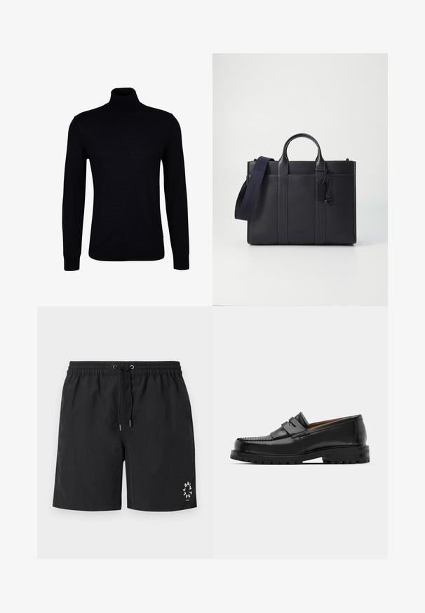 Black turtleneck sweater in a smooth knit fabric. Features long sleeves, a fitted neck, and ribbed cuffs and hem for a snug fit.; Black swim shorts made of lightweight fabric. Elastic waistband with drawstring and silver-tipped ends. Logo printed in white on the bottom left.; Black leather loafers feature a raised seam, two decorative straps on the upper, and a thick textured sole for added grip.; Dark navy leather briefcase with dual top handles and a detachable strap. Features textured finish, vertical stitching, and logo detail.