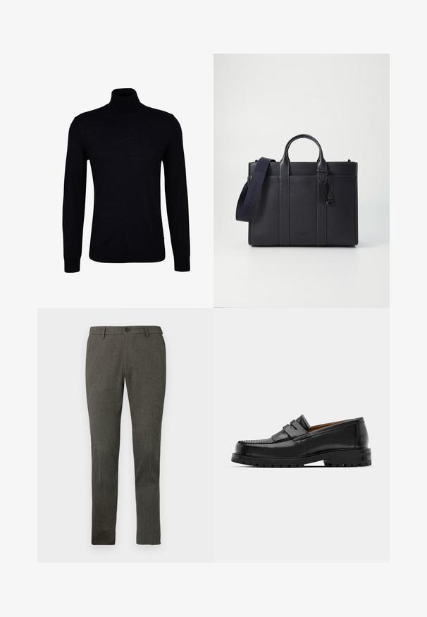 Black turtleneck sweater in a smooth knit fabric. Features long sleeves, a fitted neck, and ribbed cuffs and hem for a snug fit.; Slim-fit men's dark gray dress trousers with belt loops, front button, and subtle textured fabric.; Black leather loafers feature a raised seam, two decorative straps on the upper, and a thick textured sole for added grip.; Dark navy leather briefcase with dual top handles and a detachable strap. Features textured finish, vertical stitching, and logo detail.