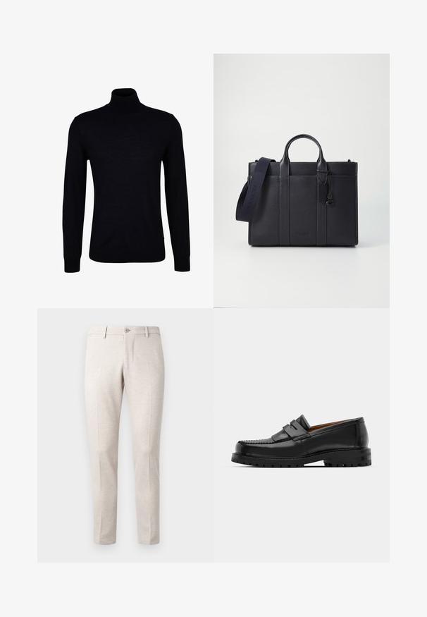 Suéter negro de cuello alto en un tejido de punto suave. Presenta mangas largas, un cuello ajustado y puños y dobladillo acanalados para un ajuste ceñido.; Pantalones beis claros, hechos de una tela suave, con cierre de botón, dos pinzas frontales y un diseño de pierna recta.; Los mocasines de cuero negro presentan una costura elevada, dos correas decorativas en la parte superior y una suela gruesa y texturizada para mayor agarre.; Maletín de cuero negro marino con dos asas superiores y una correa desmontable. Presenta un acabado texturizado, costura vertical y detalle del logo.