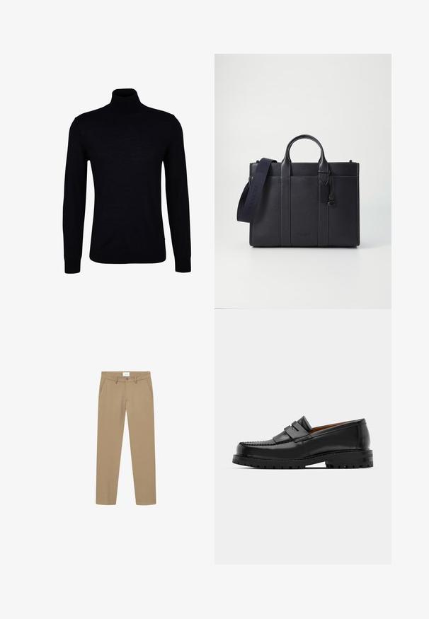 Zwarte coltrui van een gladde brei-stof. Voorzien van lange mouwen, een aansluitende hals, en geribbelde manchetten en zoom voor een strakke pasvorm.; Beige broek met een gladde textuur, rechte pijpdesign, voorzakken en een knoopsluiting. Label zichtbaar bij de taille.; Zwarte leren instappers hebben een verhoogde naad, twee decoratieve banden op de bovenkant en een dikke, gestructureerde zool voor extra grip.; Donkerblauwe leren aktetas met dubbele bovenhandgrepen en een afneembare schouderband. Kenmerkt zich door een gestructureerde afwerking, verticale stiksels en een logo-detail.