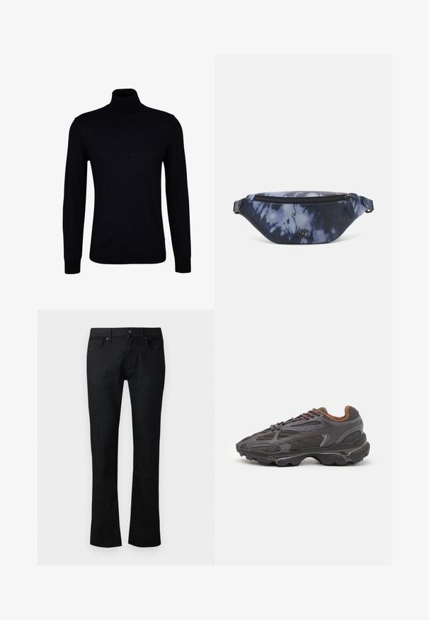 Suéter negro de cuello alto en un tejido de punto suave. Presenta mangas largas, un cuello ajustado y puños y dobladillo acanalados para un ajuste ceñido.; Jeans negros de pierna recta con bolsillos frontales y de monedas, trabillas para el cinturón, y cierre de botón y cremallera.; Zapatillas Lacoste en gris oscuro con material de malla y sintético, que cuentan con una suela texturizada y detalles en marrón en el cuello y la marca.; Riñonera en estampado de tie-dye azul oscuro con cremallera en la parte superior, material texturizado y un detalle de logotipo prominente en la parte frontal.