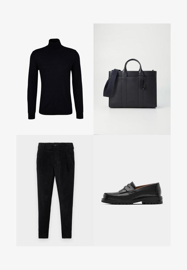 Zwarte coltrui van een gladde brei-stof. Voorzien van lange mouwen, een aansluitende hals, en geribbelde manchetten en zoom voor een strakke pasvorm.; Zwarte corduroy broek met een slim fit, voorzien van een knoopsluiting, twee zijzakken en een verticale ribbeltextuur over de gehele broek.; Zwarte leren instappers hebben een verhoogde naad, twee decoratieve banden op de bovenkant en een dikke, gestructureerde zool voor extra grip.; Donkerblauwe leren aktetas met dubbele bovenhandgrepen en een afneembare schouderband. Kenmerkt zich door een gestructureerde afwerking, verticale stiksels en een logo-detail.