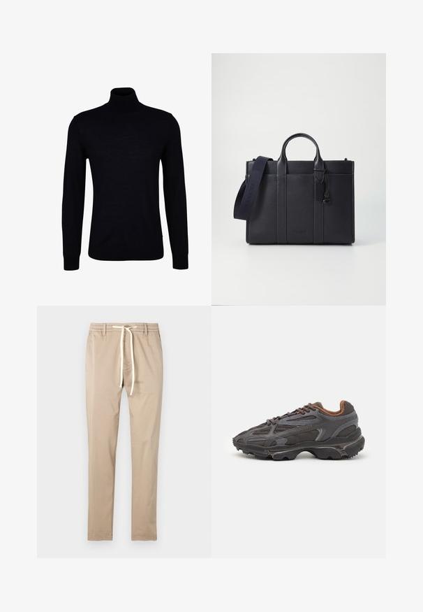 Black turtleneck sweater in a smooth knit fabric. Features long sleeves, a fitted neck, and ribbed cuffs and hem for a snug fit.; Beige cotton pants with an elastic waistband, drawstring closure, and straight-leg design. Smooth texture with no visible patterns or accents.; Lacoste sneakers in dark gray with mesh and synthetic material, featuring a textured sole and brown accents on the collar and branding.; Dark navy leather briefcase with dual top handles and a detachable strap. Features textured finish, vertical stitching, and logo detail.