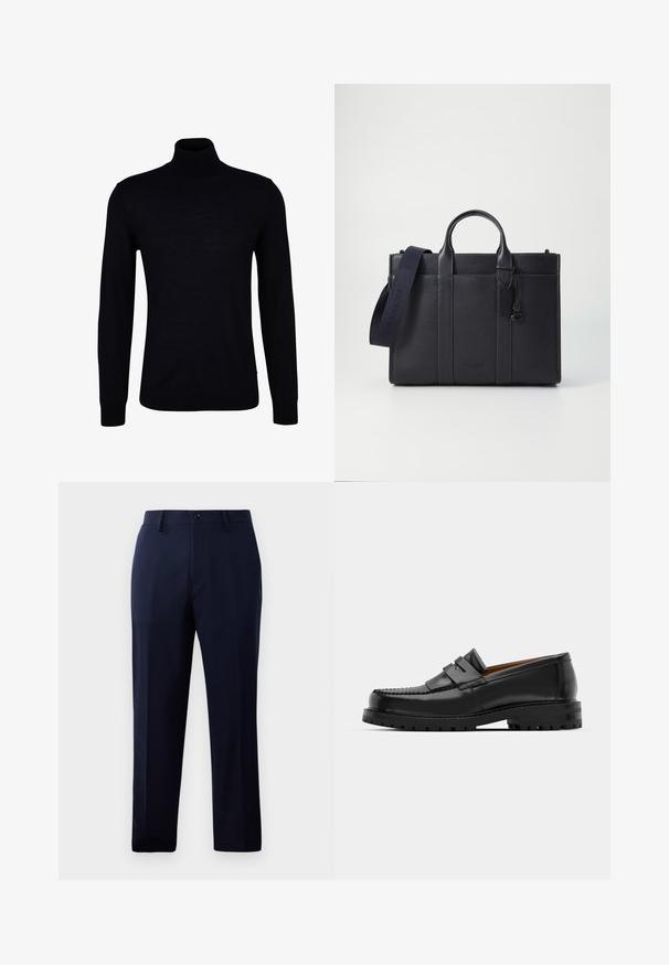 Suéter negro de cuello alto en un tejido de punto suave. Presenta mangas largas, un cuello ajustado y puños y dobladillo acanalados para un ajuste ceñido.; Pantalones navy hechos de una tela suave, con un diseño clásico de pierna recta, bolsillos frontales y un cierre de botón en la cintura.; Los mocasines de cuero negro presentan una costura elevada, dos correas decorativas en la parte superior y una suela gruesa y texturizada para mayor agarre.; Maletín de cuero negro marino con dos asas superiores y una correa desmontable. Presenta un acabado texturizado, costura vertical y detalle del logo.
