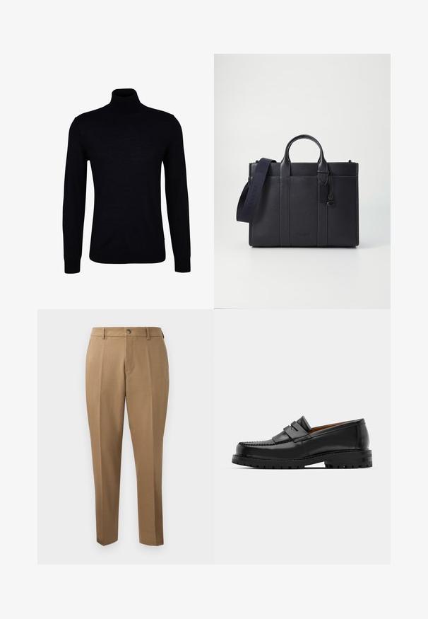 Černý rolák z hladkého pleteného materiálu. Má dlouhé rukávy, přiléhavý límec a žebrované manžety a lem pro těsný střih.; Hnědé kalhoty na míru s rovný střihem, jedním skladem, poutky na opasek a předním zapínáním na knoflík. Hladká tkanina s matnou texturou.; Černé kožené mokasíny mají zvýšený šev, dvě dekorativní pásky na svršku a silnou strukturovanou podrážku pro lepší přilnavost.; Tmavě námořnická kožená aktovka s dvojitými horními rukojeťmi a odnímatelným popruhem. Má texturovaný povrch, vertikální švy a detail s logem.
