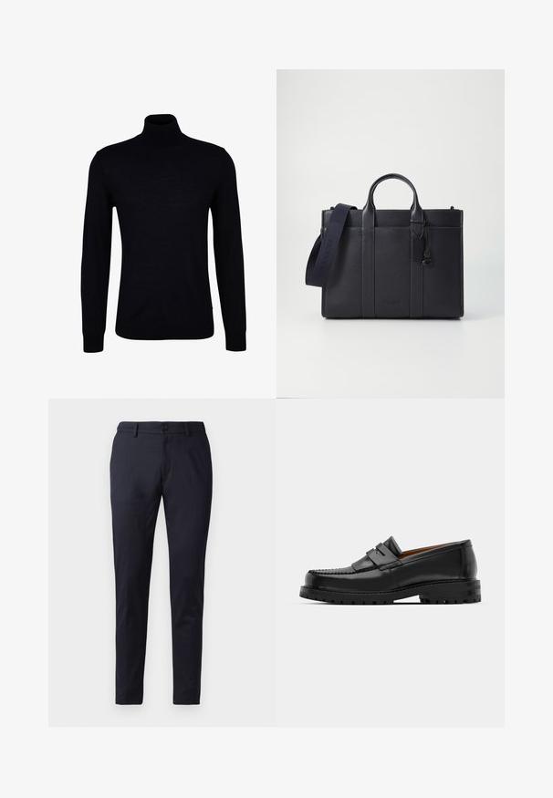 Suéter negro de cuello alto en un tejido de punto suave. Presenta mangas largas, un cuello ajustado y puños y dobladillo acanalados para un ajuste ceñido.; Pantalones marinos de tela suave, con un corte ajustado, lazos para cinturón y un cierre de botón único. Piernas rectas con pliegues sutiles.; Los mocasines de cuero negro presentan una costura elevada, dos correas decorativas en la parte superior y una suela gruesa y texturizada para mayor agarre.; Maletín de cuero negro marino con dos asas superiores y una correa desmontable. Presenta un acabado texturizado, costura vertical y detalle del logo.