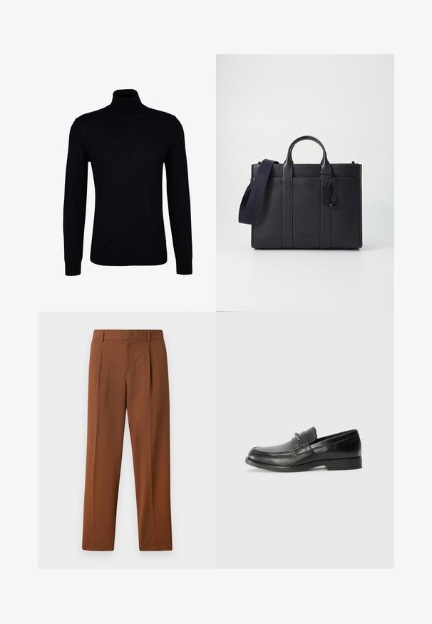 Must mustarümpik sujuvas kudumis. Omab pikki varrukaid, sobivalt kaelust ning soonikuga mansette ja alläärde, et sobituda keha järgi.; Pruunid püksid, millel on sile, matt tekstuur, fliisitud esiosa ja sirged sääred. Valmistatud kergest, hingavast kangast.; Mustad nahast loafers, millel on ümar nina, kokku õmmeldud disain, väike eesmine rihm varustuse detailidega ja lame kummitald.; Tumedat mere nahkbriefcase kahekordsete ülemiste käepidemetega ja eemaldatava rihmaga. Omab tekstureeritud viimistlust, vertikaalset õmblust ja logodetaili.