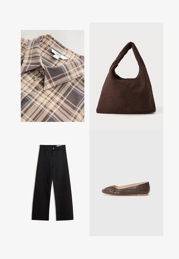 Maglione beige lavorato a maglia con scollo rotondo, maniche lunghe e finitura testurizzata. Caratterizzato da polsini e orlo a coste. Vestibilità comoda, design minimale.; Camicia beige a quadri con motivi marroni e blu, colletto e chiusura a bottoni. Realizzata in un tessuto morbido con una texture liscia.; Pantaloni in denim neri a gamba larga con vita alta, dotati di tasche anteriori e posteriori, cuciture a punto, e chiusura con bottone. Texture liscia.; Ballerina in pelle marrone con punta arrotondata, dettagli arricciati sul davanti e suola piatta di colore chiaro.; Borsa intrecciata marrone con una forma morbida, un manico a loop singolo e una superficie testurizzata. Il design presenta uno stile hobo senza accessori aggiuntivi.