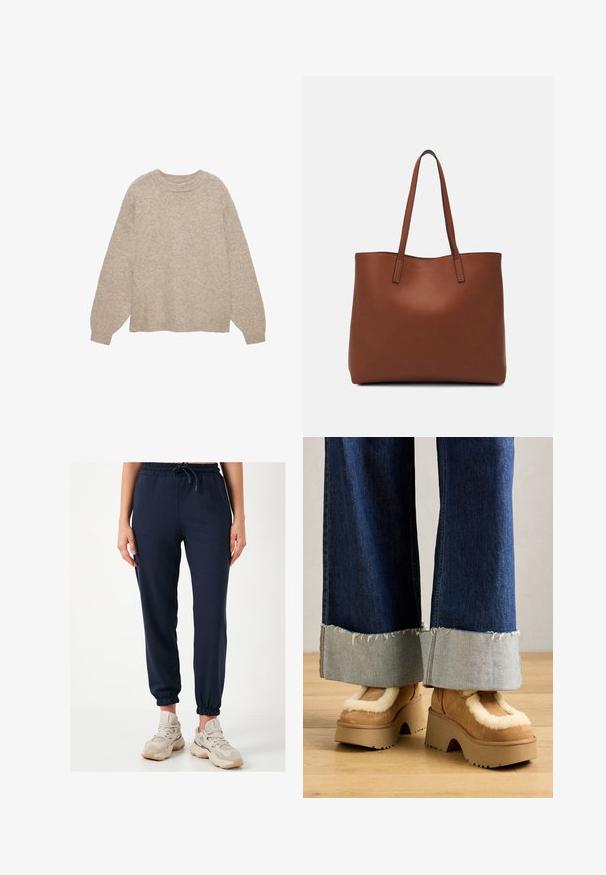 Beige gebreide trui met een ronde halslijn, lange mouwen en een textuurafwerking. Heeft ribgebreide manchetten en een zoom. Relaxte pasvorm, minimalistisch ontwerp.; Marine joggings met een elastische tailleband en trekkoord. De boorden zijn taps toelopend en gemaakt van een gladde, zachte stof. Gecombineerd met beige sneakers.; Bruine suède platformlaarzen met een crèmekleurige bontvoering, gecombineerd met wijde denimspijkerbroeken met rafelige zoom en een lichte denimmanchet.; Bruine leren tote bag met een gladde textuur, een ontwerp met een open bovenkant en twee schouderbanden. Kenmerkt zich door minimale stiksels en geen zichtbare hardware.