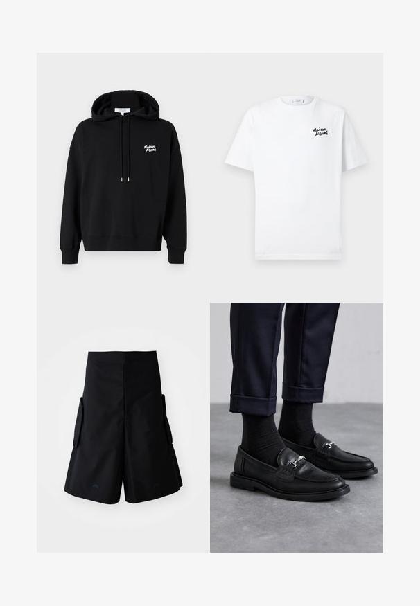 Mustape hoodie, mis on valmistatud puuvillast, esiküljel on tasku-kangaroo, nööriga kapuuts ja valge brodeeritud logo rinnal. Pikad varrukad ribidega mansettidega.; Valge puuvillane T-särk lühikeste varrukatega ja ümarat kaelus. Vasakul rinnal on must tikandiga logo. Sile tekstuur.; A-COLD-WALL* FORM SHORT - Lühikesed püksid - black onyx; Mustad nahast loaferid, millel on tekstureeritud viimistlus, hõbedane riistvara, koos tume sokkide ja üles keeratud tumesiniste pükstega.