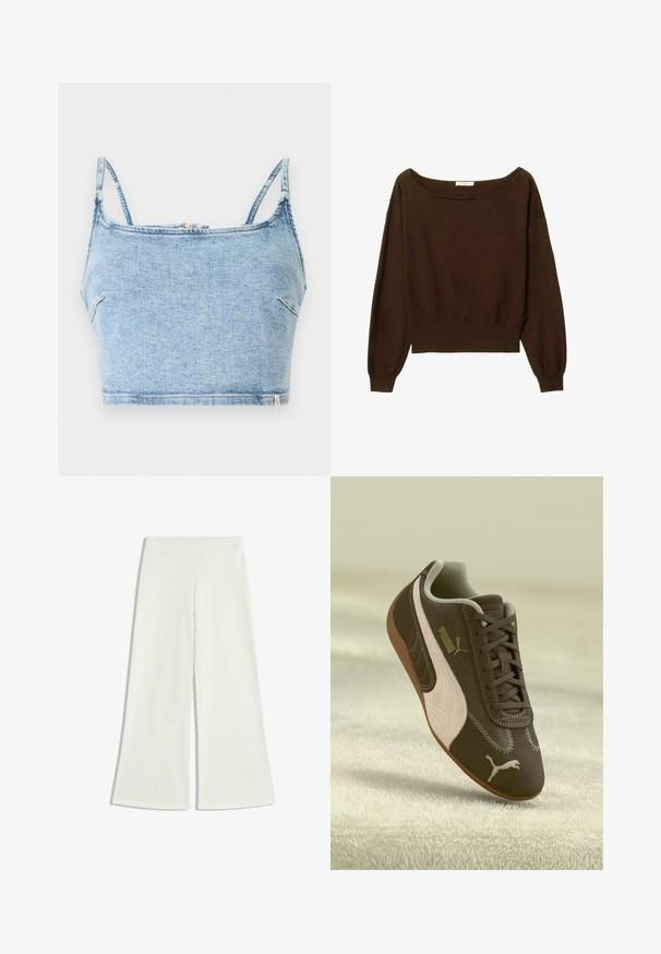 Hnedý skrátený sveter so širokým výstrihom a dlhými, mierne puffovanými rukávmi. Mäkká textúra a rebrovaný detail na spodnej časti. Žiadne viditeľné zapínanie.; Svetlomodrý denimový crop top s tenkými nastaviteľnými ramienkami, s predným zipsom a hladkou textúrou, navrhnutý pre obopnutý vzhľad.; Biele nohavice so širokými nohavicami vyrobené z hladkej tkaniny. Majú vysoký pás a žiadne viditeľné švy, čo vytvára čistý siluet.; Hnedé tenisky Puma so béžovým pruhom a logom, šnurované, odpočívajúce na textúrovanom béžovom povrchu.