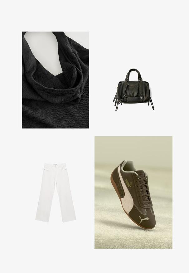 Pull en cuir marron, court, avec un col large et de longues manches légèrement bouffantes. Texture douce et détail de bord côtes. Pas de fermetures visibles.; Tissu noir texturé avec un motif froissé, drapant dans un design en boucle. Le matériau semble doux et léger, mettant en valeur la forme fluide.; Pantalons en denim blanc à larges jambes avec un design classique à cinq poches, matériel en métal et coutures contrastées. Texture lisse et coupe décontractée.; Sneaker Puma marron avec une rayure et un logo beige, lacé, reposant sur une surface beige texturée.; Sac à main en cuir noir avec des poignées tressées, une poche zippée et des glands suspendus. Surface texturée avec des clous en métal et des accents en métal.