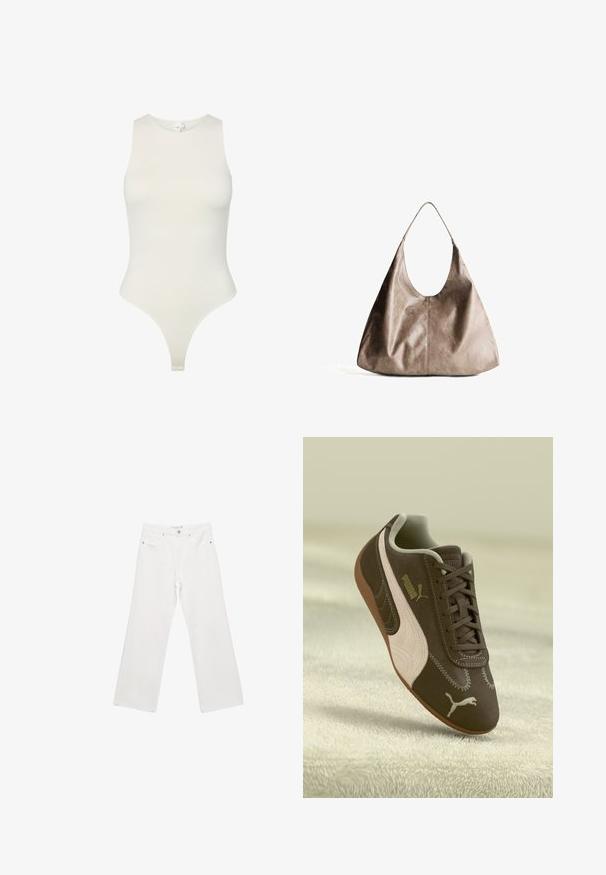 Brauner, kurz geschnittener Pullover mit weitem Ausschnitt und langen, leicht puffigen Ärmeln. Weiche Textur und gerippte Saumdetails. Keine sichtbaren Verschlüsse.; Ärmelloser Body aus weichem, cremefarbenem Stoff; mit hohem Halsauschnitt, figurbetontem Schnitt und einem Tanga-Schnitt am unteren Ende. Glatte Textur.; Weiße Denim-Hose mit weitem Beinschnitt, ausgestattet mit einem klassischen Fünf-Taschen-Design, Metallbeschlägen und Kontrastnähten. Glatte Textur und lockere Passform.; Braune Puma-Sneaker mit beiger Streifen und Logo, geschnürt, auf einer strukturierten beigen Oberfläche ruhend.; Beige Leder Hobo-Tasche mit glatter Textur. Verfügt über eine große, offene Oberseite und einen einzelnen, breiten Schulterriemen. Abgerundete, lässige Form.