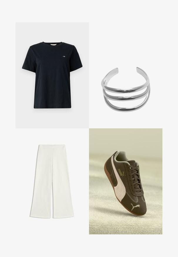 Smeđi, skraćeni pulover sa širokim izrezom i dugim, lagano napuhanim rukavima. Meka tekstura i rebrasti detalj na rubu. Nema vidljivih kopčanja.; Crna pamučna majica kratkih rukava, s okruglim izrezom i malim logom izvezenim na lijevoj strani prsiju. Klasičan, opušten kroj.; Bijele hlače širokih nogavica napravljene od glatkog materijala. Imaju visoki struk i nevidljive šavove, stvarajući čistu siluetu.; Smeđi Puma tenisice s bež prugom i logotipom, vezane, odložene na teksturiranoj bež površini.; Srebrna metalna narukvica u obliku manžete s tri paralelne trake, glatke, polirane površine i otvorenim krajevima za prilagodljivu veličinu.