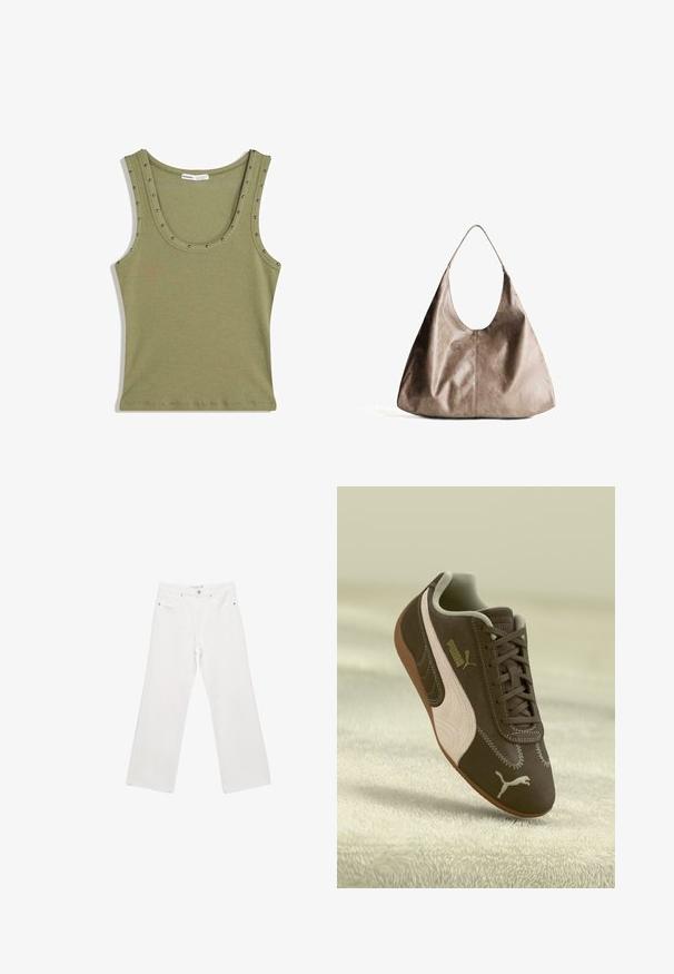 Brun, cropped sweater med bred halsudskæring og lange, let puffede ærmer. Blød tekstur og ribbet kantdetalje. Ingen synlige lukninger.; Olivengrøn ribbet tanktop med scoop-udskæring, prydet med sølvfarvede nitter langs kanterne for detaljer. Fremstillet af et blødt, strækbart stof.; Hvide denim bred ben bukser med en klassisk fem-lomme design, metalhardware og kontraststing. Glat tekstur og afslappet pasform.; Brune Puma sneakers med beige stribe og logo, snøret, hvilende på en struktureret beige overflade.; Beige læder hobo taske med en glat tekstur. Har en stor åben top og en enkelt, bred skulderrem. Rund, slasket form.