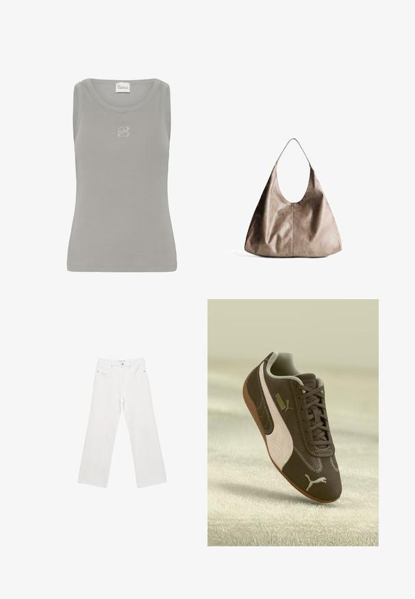 Brauner, kurz geschnittener Pullover mit weitem Ausschnitt und langen, leicht puffigen Ärmeln. Weiche Textur und gerippte Saumdetails. Keine sichtbaren Verschlüsse.; Graues, geripptes Tanktop mit rundem Halsausschnitt und ärmellosem Design. Verfügt über ein dezentes, gesticktes Logo auf der Brust.; Weiße Denim-Hose mit weitem Beinschnitt, ausgestattet mit einem klassischen Fünf-Taschen-Design, Metallbeschlägen und Kontrastnähten. Glatte Textur und lockere Passform.; Braune Puma-Sneaker mit beiger Streifen und Logo, geschnürt, auf einer strukturierten beigen Oberfläche ruhend.; Beige Leder Hobo-Tasche mit glatter Textur. Verfügt über eine große, offene Oberseite und einen einzelnen, breiten Schulterriemen. Abgerundete, lässige Form.