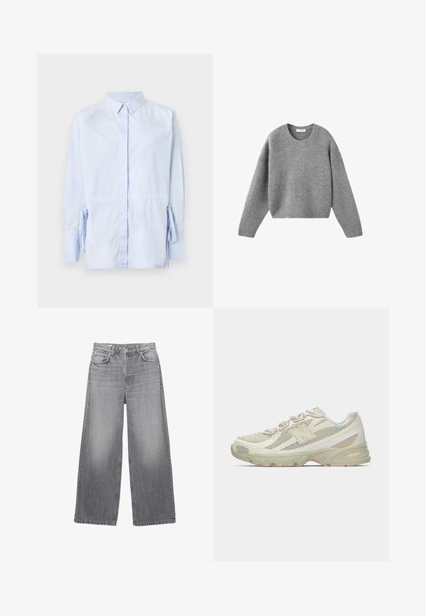 Sivi pleteni pulover s okruglim izrezom, dugim rukavima i rebrastim rukavima i donjim rubom, položen ravno na bijeloj pozadini.; Svijetloplena košulja na dugih rukava od pamučne tkanine. Ima duge rukave s vezicama na zapešćima i klasični ovratnik. Glatka tekstura.; Sive traperice širokog kroja s visokim strukom, pet džepova, izblijeđena obrada i kontrastni šavovi. Imaju zatvaranje na dugme i petlje za remen.; Lagane tenisice s mrežastim gornjim dijelom u bež i krem boji, s istaknutim logotipom "N", mekanim potplatom i teksturiranim detaljima.