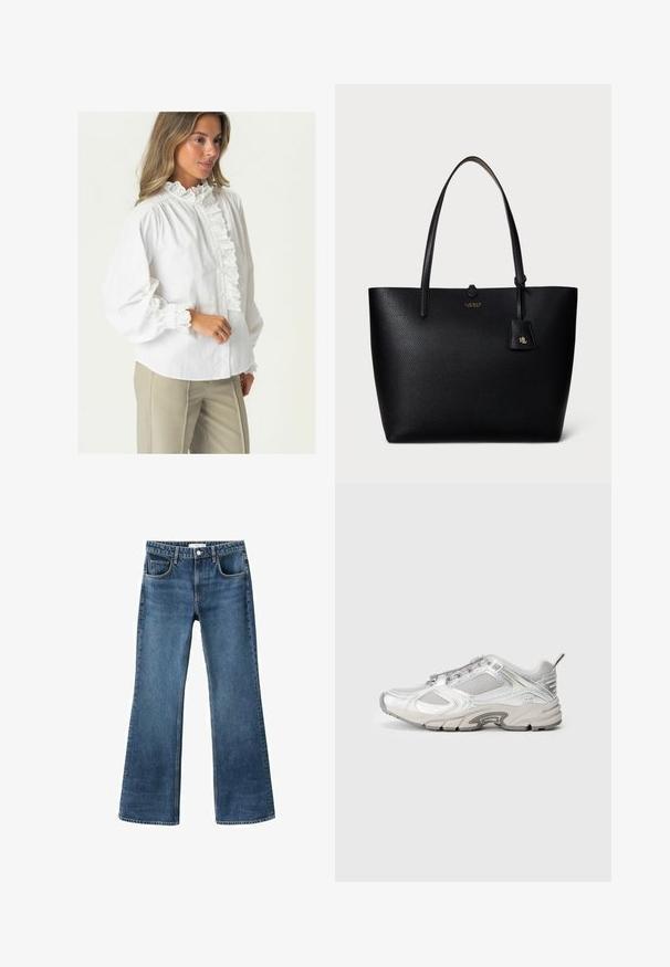 Maglione grigio a maglia con scollo rotondo, maniche lunghe e polsini e orlo a costine, posato su uno sfondo bianco.; Blusa bianca in cotone con colletto alto e arricciato, chiusura frontale con bottoni e bordino in pizzo sui polsini. Maniche lunghe e texture morbida e liscia.; Jeans in denim blu a gamba svasata con vita a media altezza, cinque tasche e texture consumata. Orli rifiniti e chiusura con bottone classica.; Scarpe da corsa in mesh bianco con accenti metallici, sovrapposizioni testurizzate e una suola spessa. Presentano un sistema di allacciatura anteriore e un'etichetta di trazione sul retro.; Borsa a tracolla in pelle nera con superficie texture, doppi manici e un piccolo tag staccabile con dettagli dorati. Design semplice e funzionale.