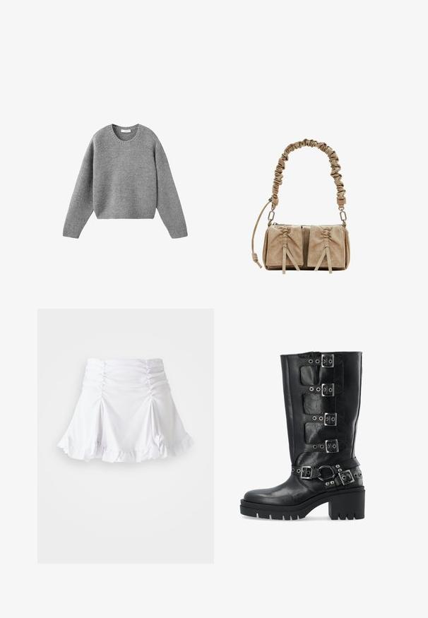 Grau gestrickter Rundhalsausschnitt-Pullover mit langen Ärmeln sowie gerippten Bündchen und Saum, flach auf einem weißen Hintergrund ausgelegt.; Weißer Rock aus strukturiertem Stoff mit Raffung und gerafftem Saum. Verfügt über ein ausgestelltes Design mit einer taillierten Passform.; Schwarze Lederstiefel in knielanger Höhe mit vier silbernen Schnallenriemen, einer dicken Plateausohle und Nietenakzenten um den Knöchel.; Beige Wildleder-Handtasche mit einem gerafften Stoffgriff, zwei vorderen Taschen mit Zugverschluss und subtilen Texturakzenten.