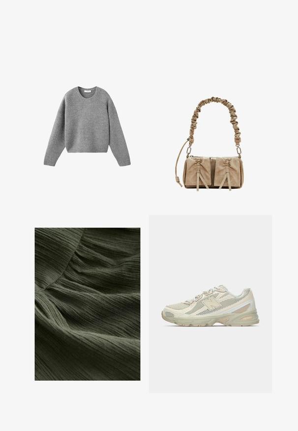 Grijze gebreide crewneck trui met lange mouwen en ribgebreide manchetten en zoom, plat gelegd op een witte achtergrond.; Close-up van groen geplooide stof, met een zachte, gestructureerde oppervlakte met dunne, golvende lijnen en een lichte, vloeiende uitstraling.; Lichte sneakers met een bovenwerk van mesh in beige en crème, met een opvallend "N"-logo, een gevoerde zool en textuuraccenten.; Beige suede handtas met een gathered stofhandvat, twee voorkanten met cinched sluitingen en subtiele textuurelementen.