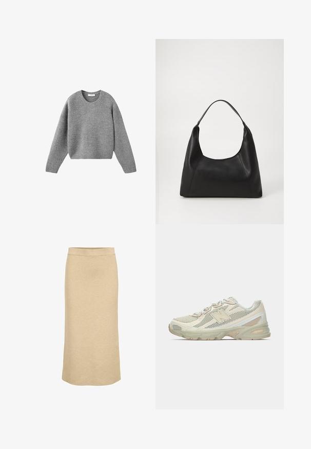 Harmaa neulecrewneck-paita, jossa on pitkät hihat sekä ribbineuleet hihoissa ja helman osalla, aseteltuna tasaisesti valkoista taustaa vasten.; Neule midi-hame vaaleanruskeana, jossa on päällä ribbikaulus ja suora siluetti, jolla on sileä ja pehmeä rakenne.; Kevyet lenkkarit, joissa on verkkopinta beige- ja cream-väreissä, varustettuna näkyvällä "N"-logolla, pehmeällä pohjalla ja teksturoiduilla yksityiskohdilla.; Mustakasi nahkalaukku, jossa on kupumainen kahva, sileä pinta ja minimalistinen muotoilu. Siinä on kulmikkaita reunoja ja leveä aukko.