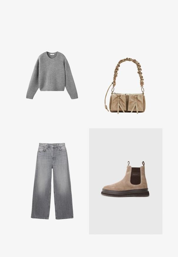 Harmaa neulecrewneck-paita, jossa on pitkät hihat sekä ribbineuleet hihoissa ja helman osalla, aseteltuna tasaisesti valkoista taustaa vasten.; Harmaat farkut, joissa on leveät lahkeet ja korkea vyötärö, viisi taskua, kulahtanut viimeistely ja kontrastiväriset ompeleet. Varustettu napituksella ja vyölenkeillä.; Beige mokkanahka ankle Chelsea -saappaat, joissa on tummanruskeat elastiset sivupaneelit ja vetonauhat, merkitty "GANT", sekä paksu kumipohja.; Beige mokkanahkainen käsilaukku, jossa on kootut kangaskahvat, kaksi etupussia, joissa on kiristettävät sulkimet, ja hillittyä tekstuuria korostavia yksityiskohtia.
