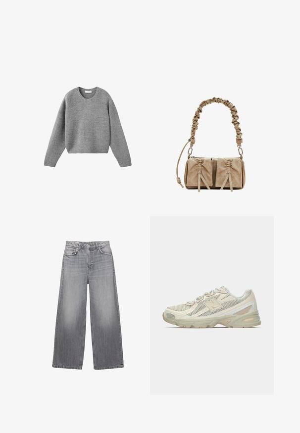 Sivý pletený svetrom s okrúhlym výstrihom a dlhými rukávmi, s rebrovanými manžetami a spodným lemom, položený na bielom pozadí.; Šedé džíny so širokými nohavicami a vysokým pásom, s piatimi vreckami, vyšúchaným povrchom a kontrastným šitím. Obsahujú zapínanie na gombíky a pútka na opasok.; Ľahké tenisky s vrchom z jemnej sieťoviny v béžovej a krémovej farbe, s výrazným logom "N", polstrovanou podrážkou a štruktúrovanými akcentmi.; Béžová semišová kabelka s naťahanou tkaninovou rúčkou, dvoma prednými vreckami so stiahnuteľnými uzávermi a jemnými textúrnymi akcentmi.