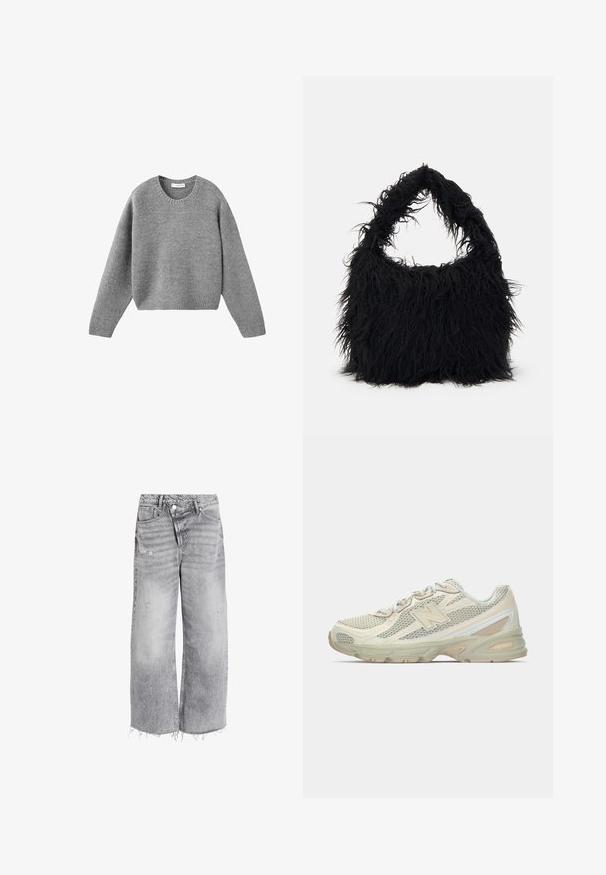Grey knitted crewneck sweater with long sleeves and ribbed cuffs and hem, laid flat on a white background.; High-waisted wide-leg jeans in light gray denim, featuring distressed accents and a raw hem. Two front pockets and a button closure.; Lightweight sneakers with a mesh upper in beige and cream, featuring a prominent "N" logo, cushioned sole, and textured accents.; Even&Odd Tote bag - black