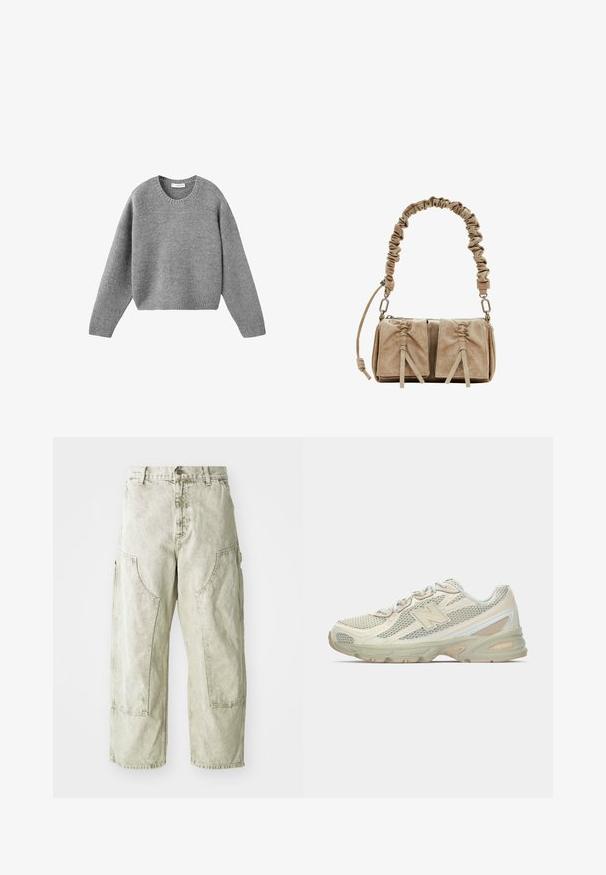 Pulover gri tricotat, cu guler rotund, mâneci lungi și manșete și tiv cu nervuri, așezat pe un fundal alb.; Pantaloni cargo largi de culoare verde deschis, confecționați din denim, cu buzunare laterale mari, sistem de închidere cu buton și fermoar, și detalii de cusătură vizibile.; Adidași ușori cu un meld de plasă bej și crem, având un logo „N” proeminent, talpă cu pernuțe și accente texturate.; Geantă din suede bej, cu un mânere din țesătură pliată, două buzunare frontale cu închideri strânse și accente subtile de textură.