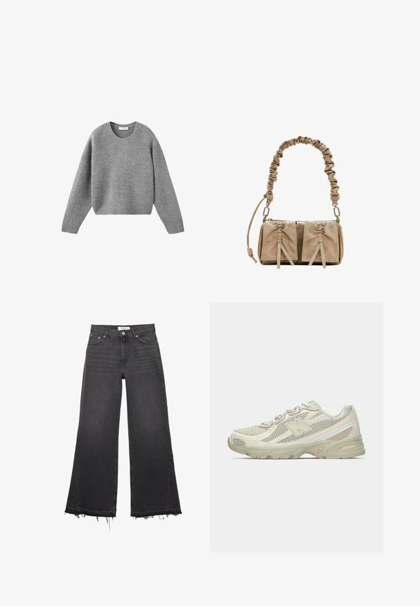 Sivi pleteni pulover s okruglim izrezom, dugim rukavima i rebrastim rukavima i donjim rubom, položen ravno na bijeloj pozadini.; Crne traperice širokih nogavica s visokim strukom, prednjim džepovima, zatvaranjem na gumb i poderanim rubovima.; Lagane tenisice s mrežastim gornjim dijelom u bež i krem boji, s istaknutim logotipom "N", mekanim potplatom i teksturiranim detaljima.; Bež suđena torba s naboranom tkaninom za ručku, dva prednja džepa s zateznim zatvaračima i suptilnim teksturama.