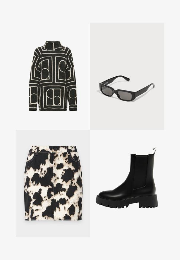 Pulover tricotat în gri închis, cu o croială supradimensionată, având un model geometric crem format din cercuri și dreptunghiuri. Design cu gât înalt.; Fustă din denim cu un model de piele de vacă alb-negru, cu cusături contrastante și închidere cu buton în față. Design scurt și ajustat.; Boots negri de piele, până la glezna, cu un panou lateral texturat, vârf rotund și talpă platformă groasă cu un model de prindere în zigzag.; Ochelari de soare dreptunghiulari negri cu lentile fumurii, realizați din plastic neted. Au un design minimalist cu brațe drepte și o marcaj subtil.; Geantă hobo din piele neagră, cu un design lejer, curea lată pentru umăr și textură netedă. Prezintă un singur închidere cu fermoar pe lateral.
