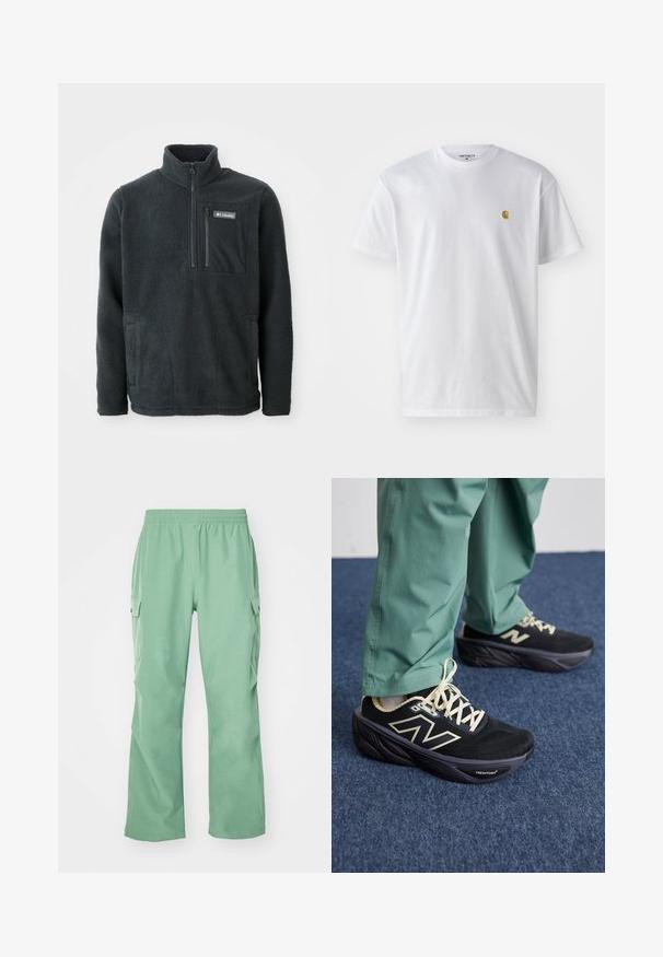 Dunkelgrauer Fleece-Pullover mit hohem Kragen, halbem Reißverschluss vorne, Reißverschluss-Brusttasche und seitlichen Handtaschen, hergestellt von Columbia.; Weißes Baumwoll-T-Shirt mit kurzen Ärmeln, Rundhalsausschnitt, mit einem kleinen goldenen Logo im linken Brustbereich. Weicher Stoff und normale Passform.; Hellgrüne Cargo-Hose mit elastischem Taillenbund, aus einem glatten Material, mit zwei Seitentaschen und geradem Beinverlauf.; Schwarze Sportschuhe mit einem Obermaterial aus Mesh, cremefarbenen Akzenten und einer dicken, gepolsterten Sohle. Kombiniert mit grünen, schmal zulaufenden Hosen.