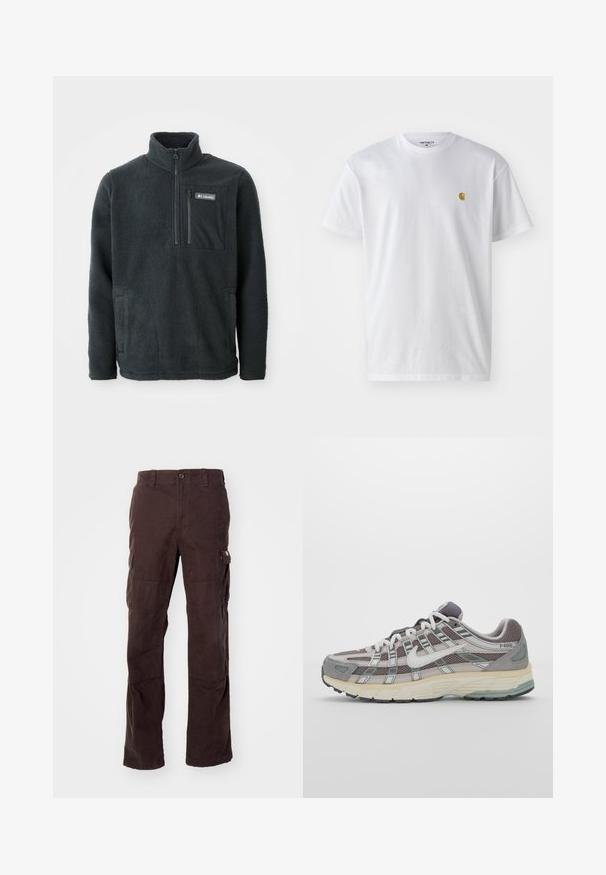 Tumši pelēks vilnas pārvalks ar augstu apkakli, priekšpusē puses rāvējslēdzis, ar rāvējslēdzēja krūšu kabatu un sānu kabatām, izgatavots no Columbia.; Balta kokvilnas t-kreklu ar īsām piedurknēm, apaļu kakla izgriezumu, ar mazu zelta logotipu kreisajā krūšu pusē. Mīksta tekstūra un regulāra piegriezuma.; Brūnas kravas bikses, kas izgatavotas no izturīga kokvilnas auduma, ar sānu kabatām, brīvu piegriezumu un taisnām kājām ar redzamām šuvēm.; Pelēkie sporta apavi ar tīkla un zamša augšdaļu, baltiem akcentiem, mīkstinātu zoli un izcilu dizainu ar atstarotājiem.