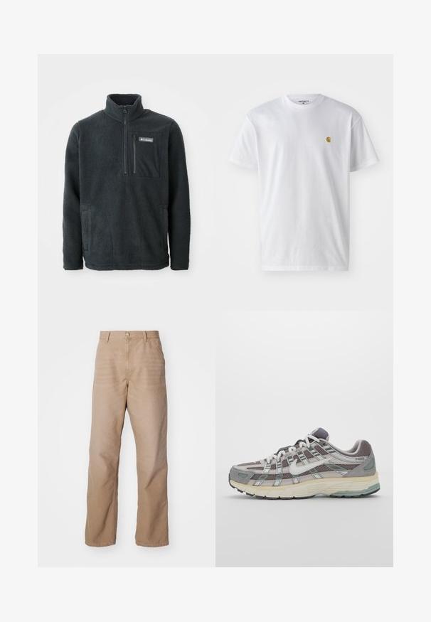 Dark gray fleece pullover with high collar, half zipper front, zippered chest pocket, and side hand pockets, made by Columbia.; White cotton t-shirt with short sleeves, crew neck, featuring a small gold logo on the left chest area. Soft texture and regular fit.; Beige cotton pants with a straight-leg design, featuring a zip fly, five-pocket style, and subtle texture.; Gray athletic shoe featuring a mesh and suede upper, white accents, a cushioned sole, and a distinctive design with reflective elements.