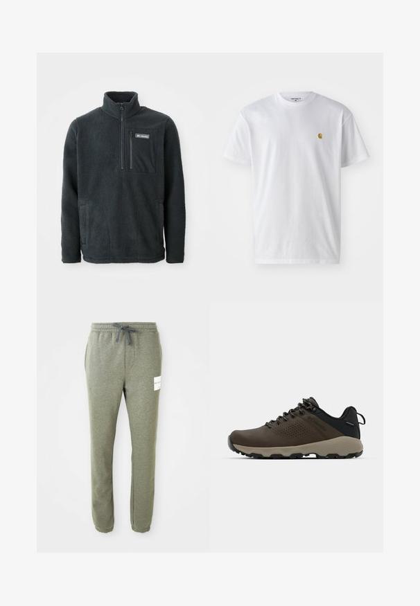 Dunkelgrauer Fleece-Pullover mit hohem Kragen, halbem Reißverschluss vorne, Reißverschluss-Brusttasche und seitlichen Handtaschen, hergestellt von Columbia.; Weißes Baumwoll-T-Shirt mit kurzen Ärmeln, Rundhalsausschnitt, mit einem kleinen goldenen Logo im linken Brustbereich. Weicher Stoff und normale Passform.; Heather-graue tapered Jogginghose mit elastischem Bund, Kordelzug, seitlichen Taschen, Knöchelbündchen und einem kleinen weißen Markenlabel am rechten Oberschenkel.; Braune wasserdichte Sneakers mit einer strukturierten Oberseite, perforierten Akzenten, schwarzem Fersenschutz und einer grauen Gummisohle. Die Schnürsenkel sind mit metallischen Enden gestaltet.