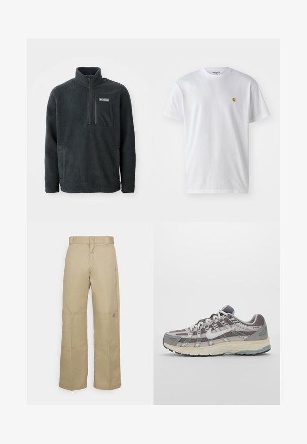 Donkergrijze fleece pullover met hoge kraag, halve rits aan de voorkant, ritszak op de borst en zijzakken voor de handen, gemaakt door Columbia.; Witte katoenen t-shirt met korte mouwen en ronde hals, voorzien van een klein gouden logo op de linkerkant van de borst. Zachte textuur en een normale pasvorm.; Beige wijde broek gemaakt van stevig materiaal, met een hoge taille, zichtbare stiksel en een klein logopatch aan de zijkant.; Grijze sportieve schoen met een bovenwerk van mesh en suede, witte accenten, een gevoerde zool en een onderscheidend ontwerp met reflecterende elementen.