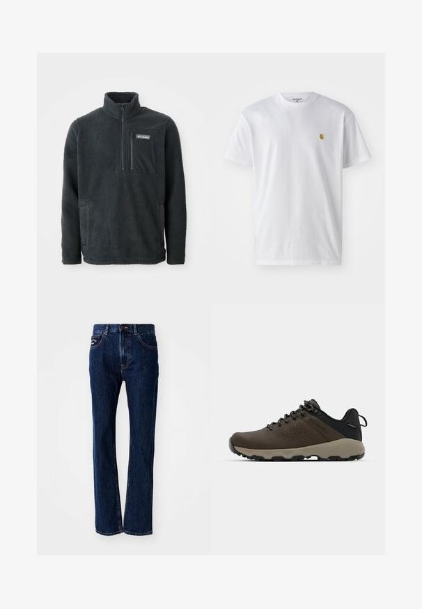 Tamsiai pilkas fliso megztinis su aukštu apykakle, pusiau užtrauktuku priekyje, užtrauktuku užsegama krūtinės kišene ir šoninėmis rankų kišenėmis, pagamintas Columbia.; Balta medvilnės marškinėliai su trumpomis rankovėmis, apvalia iškirpte, kuriuose kairėje krūtinės pusėje yra mažas auksinis logotipas. Minkšta tekstūra ir reguliari forma.; Tamsiai mėlynos džinsinės kelnės su tiesiais kojų kirpimais, turinčios dvi priekines kišenes ir mygtuko užsegimą. Subtilūs siuvinėjimo detalės.; Rudi nepralaidūs sportbačiai su tekstūruota viršutine dalimi, perforuotomis detalėmis, juodu kulno palaikymu ir pilku guminio padu. Šniūreliai yra dekoruoti metaliniais galais.