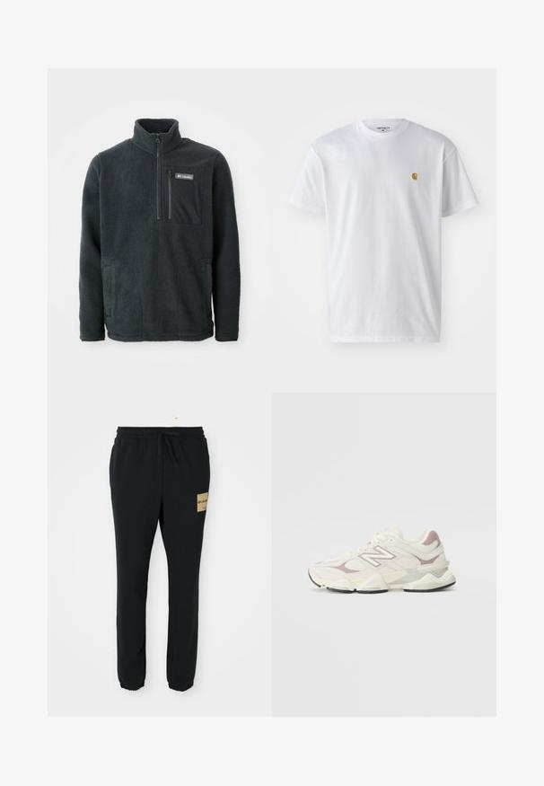 Pullover in pile grigio scuro con alto colletto, mezza zip frontale, taschino con zip sul petto e tasche laterali per le mani, prodotto da Columbia.; T-shirt bianco in cotone con maniche corte, con colletto girocollo, caratterizzato da un piccolo logo dorato sulla parte sinistra del petto. Tessuto morbido e vestibilità regolare.; Pantaloni da jogging neri con gamba affusolata, vita elastica, coulisse, caviglie con polsini e un'etichetta del logo Columbia color sabbia sulla coscia destra.; Sneaker atletico bianco e grigio chiaro con upper in mesh e sintetico, collo imbottito, dettagli testurizzati e suola in gomma spessa.