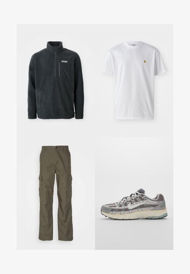 Tumši pelēks vilnas pārvalks ar augstu apkakli, priekšpusē puses rāvējslēdzis, ar rāvējslēdzēja krūšu kabatu un sānu kabatām, izgatavots no Columbia.; Balta kokvilnas t-kreklu ar īsām piedurknēm, apaļu kakla izgriezumu, ar mazu zelta logotipu kreisajā krūšu pusē. Mīksta tekstūra un regulāra piegriezuma.; Olīvu krāsas cargo bikses ar taisnu piegriezumu, izgatavotas no teksturētas auduma. Iekļauj lielas sānu kabatas un pogu aizdares.; Pelēkie sporta apavi ar tīkla un zamša augšdaļu, baltiem akcentiem, mīkstinātu zoli un izcilu dizainu ar atstarotājiem.