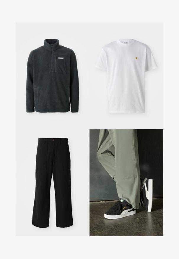 Pullover de fleece cinza escuro com colarinho alto, meia abertura com zíper à frente, bolso no peito com zíper e bolsos laterais para as mãos, feito pela Columbia.; T-shirt branca de algodão com mangas curtas, decote redondo, apresentando um pequeno logótipo dourado na área do peito esquerdo. Textura macia e ajuste regular.; Calças largas pretas feitas de tecido macio, com bolsos frontais e fecho de botão na cintura. Design minimalista sem padrões visíveis.; Sapatilhas de camurça pretas com solas de borracha branca e riscas laterais, combinadas com calças de carga verde claro, em pé sobre uma superfície escura e texturizada.
