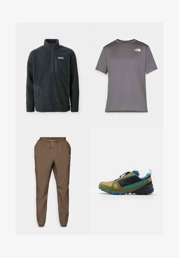 Tmavě šedý fleecový pulovr s vysokým límcem, předním zipem do poloviny, zipovou kapsou na hrudi a bočními kapsami na ruce, vyráběný společností Columbia.; Šedé sportovní tričko s krátkým rukávem vyrobené z hladkého, lehkého materiálu. Obsahuje bílé logo na levé části hrudi. Kulatý design výstřihu.; Hnědé joggery s elastickým pasem a šňůrkou, se zúženými nohavicemi a jemným leskem, vyrobené z lehké, hladké látky.; Běžecká obuv do terénu v olivově zelené a námořnické barvě, s texturovaným svrškem, modrými detaily, bezpečným systémem šněrování a robustní podrážkou pro lepší přilnavost.