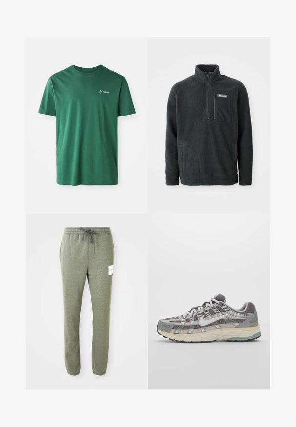 Pulover din fleece gri închis cu guler înalt, fermoar pe jumătate în față, buzunar pe piept cu fermoar și buzunare laterale pentru mâini, fabricat de Columbia.; Tricou din bumbac verde cu guler rotund, mâneci scurte și un mic logo alb Columbia pe piept. Textură moale, design casual.; Pantaloni de trening tapered de culoare gri heather, cu talie elastică, șnur de ajustare, buzunare laterale, manșete la gleznă și o etichetă mică albă a brandului pe coapsa dreaptă.; Pantofii sport gri sunt realizați dintr-un amestec de plasă și piele întoarsă, cu accente albe, o talpă bine îmbrăcată și un design distinctiv cu elemente reflectorizante.